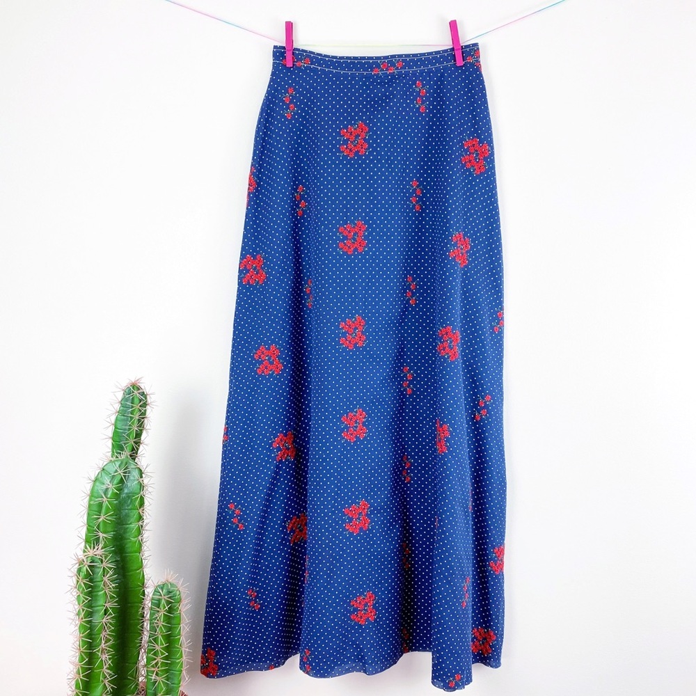 VTG 70s Country Set Polka Dotted Floral Maxi Skirt - Picture 2 of 16